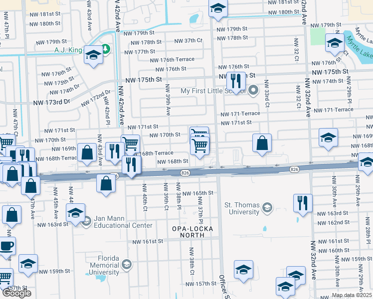 map of restaurants, bars, coffee shops, grocery stores, and more near 3835 Northwest 168th Terrace in Miami Gardens