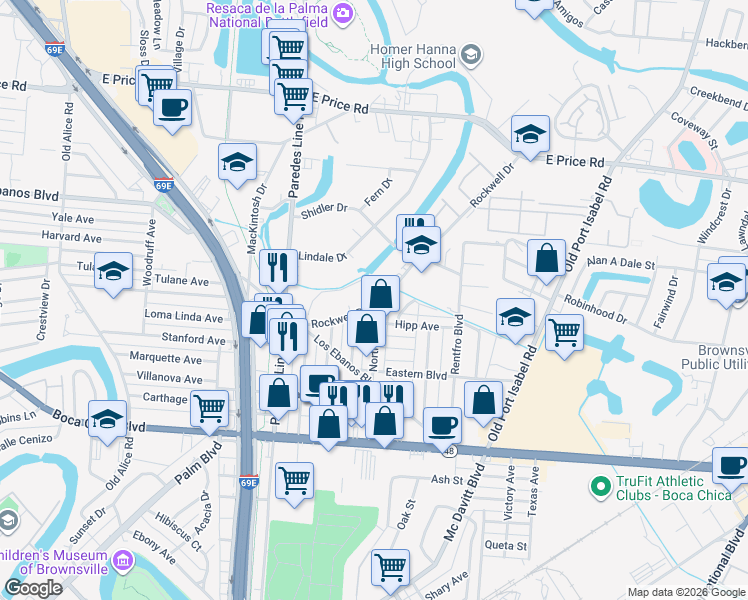 map of restaurants, bars, coffee shops, grocery stores, and more near 2403 Rockwell Drive in Brownsville