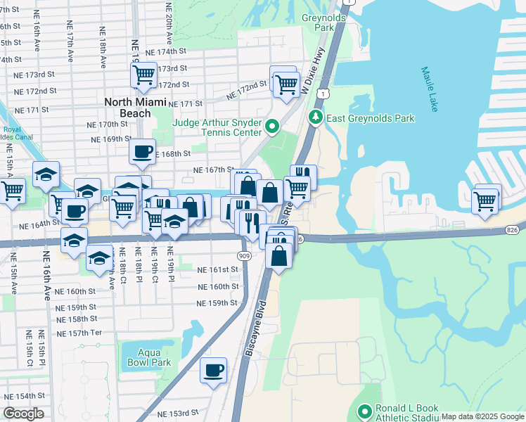 map of restaurants, bars, coffee shops, grocery stores, and more near 2231 Northeast 164th Street in North Miami Beach