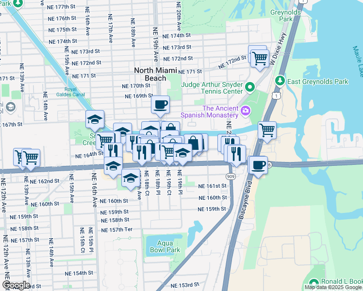 map of restaurants, bars, coffee shops, grocery stores, and more near 1999 Northeast 164th Street in North Miami Beach