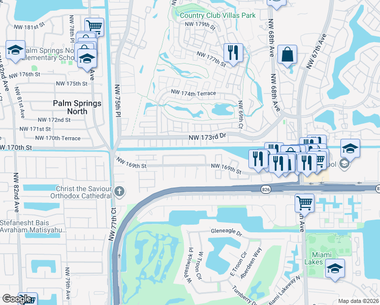 map of restaurants, bars, coffee shops, grocery stores, and more near 7255 Northwest 169th Terrace in Hialeah