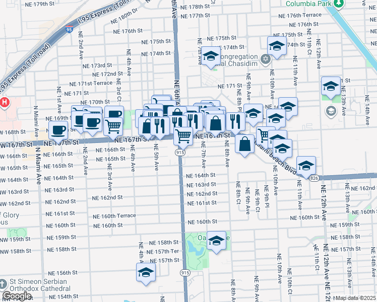 map of restaurants, bars, coffee shops, grocery stores, and more near 650 Northeast 166th Street in Miami