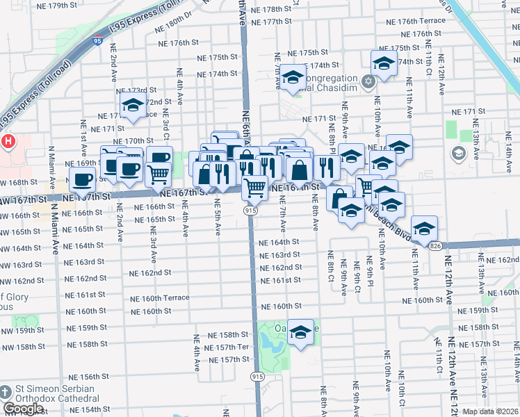 map of restaurants, bars, coffee shops, grocery stores, and more near 650 Northeast 166th Street in Miami
