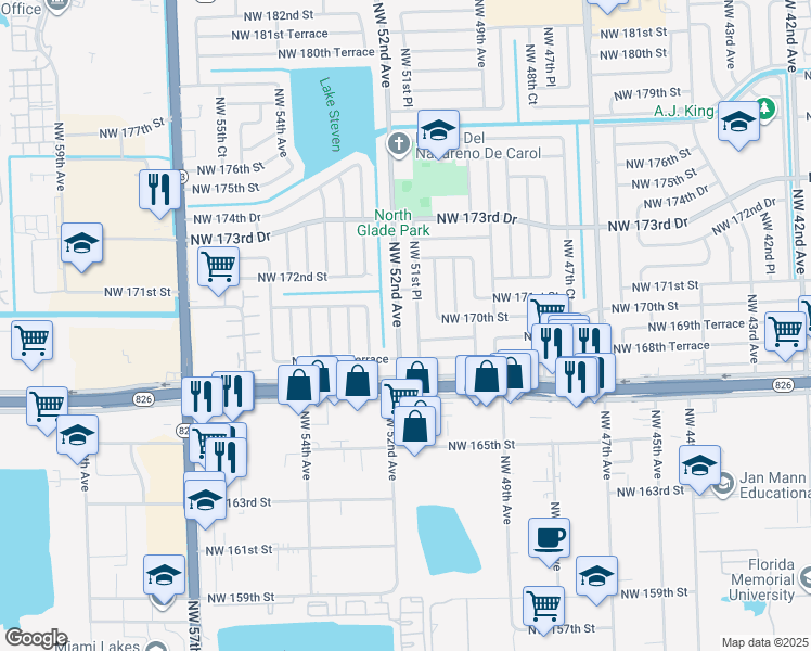 map of restaurants, bars, coffee shops, grocery stores, and more near 16941 Northwest 52nd Avenue in Miami Gardens