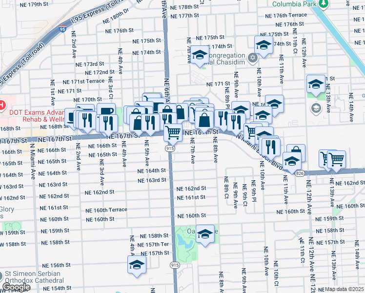 map of restaurants, bars, coffee shops, grocery stores, and more near 650 Northeast 166th Street in Miami