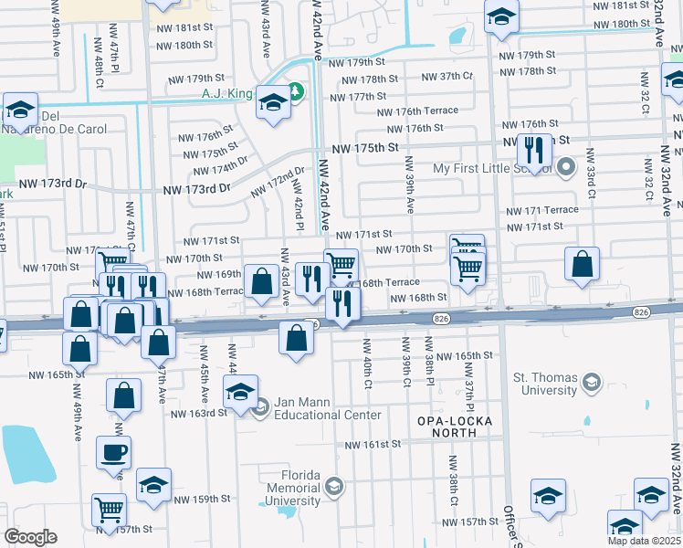 map of restaurants, bars, coffee shops, grocery stores, and more near 16900 Northwest 41st Avenue in Miami Gardens