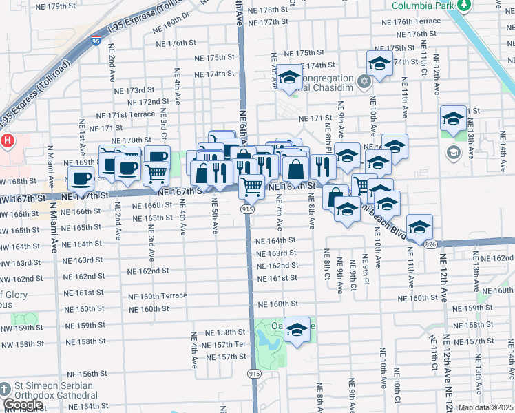 map of restaurants, bars, coffee shops, grocery stores, and more near 650 Northeast 166th Street in Miami