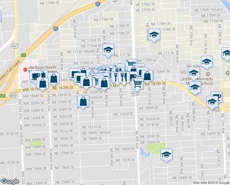 map of restaurants, bars, coffee shops, grocery stores, and more near 450 Northeast 166th Street in North Miami Beach
