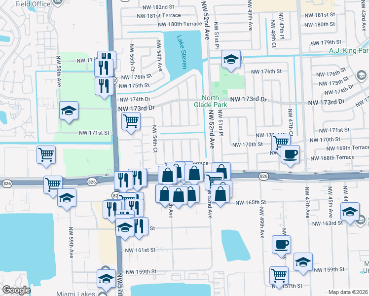 map of restaurants, bars, coffee shops, grocery stores, and more near 16931 Northwest 53rd Court in Miami Gardens