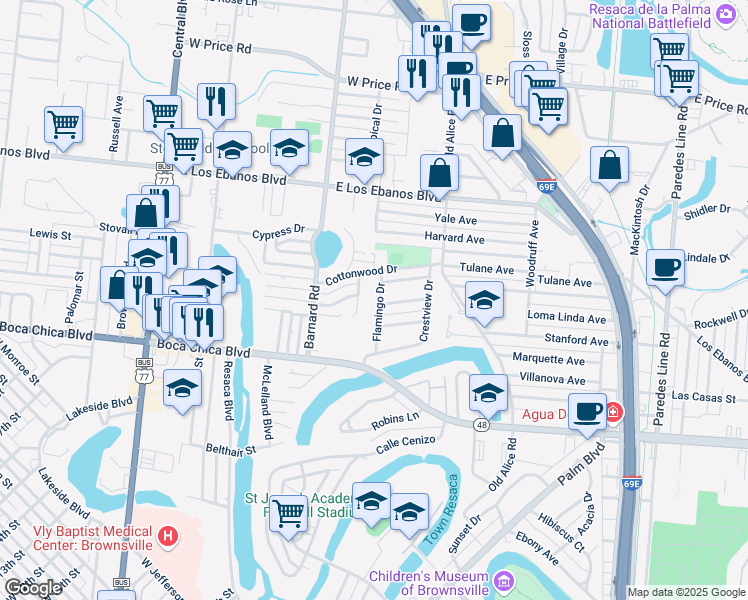 map of restaurants, bars, coffee shops, grocery stores, and more near 1634 Flamingo Drive in Brownsville
