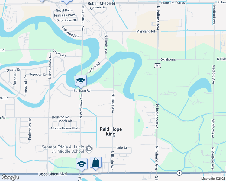 map of restaurants, bars, coffee shops, grocery stores, and more near 980 North Illinois Avenue in Brownsville