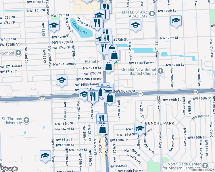 map of restaurants, bars, coffee shops, grocery stores, and more near 16801 Northwest 27th Avenue in Miami Gardens