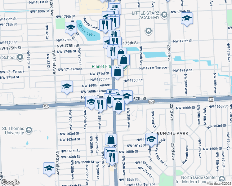 map of restaurants, bars, coffee shops, grocery stores, and more near 16801 Northwest 27th Avenue in Miami Gardens