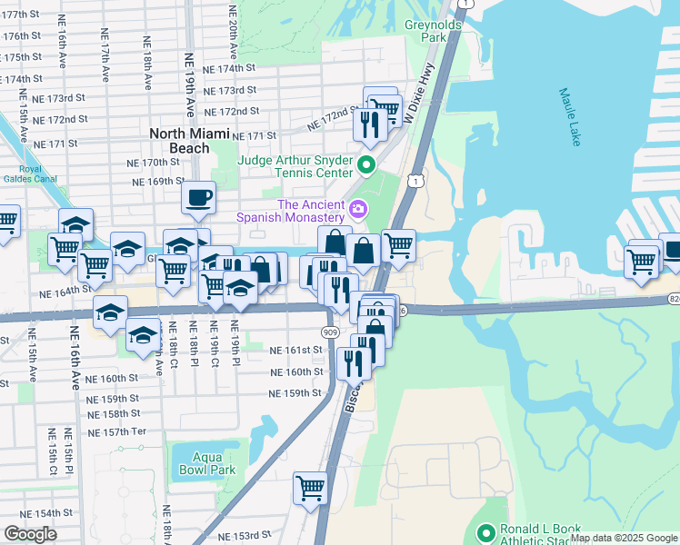 map of restaurants, bars, coffee shops, grocery stores, and more near 2231 Northeast 164th Street in North Miami Beach