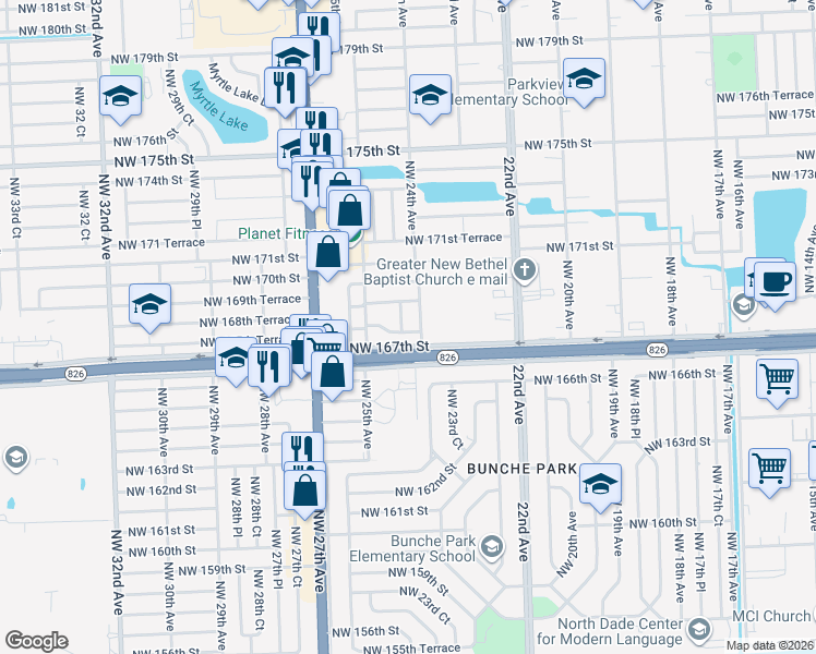 map of restaurants, bars, coffee shops, grocery stores, and more near 16805 Northwest 24th Court in Miami Gardens