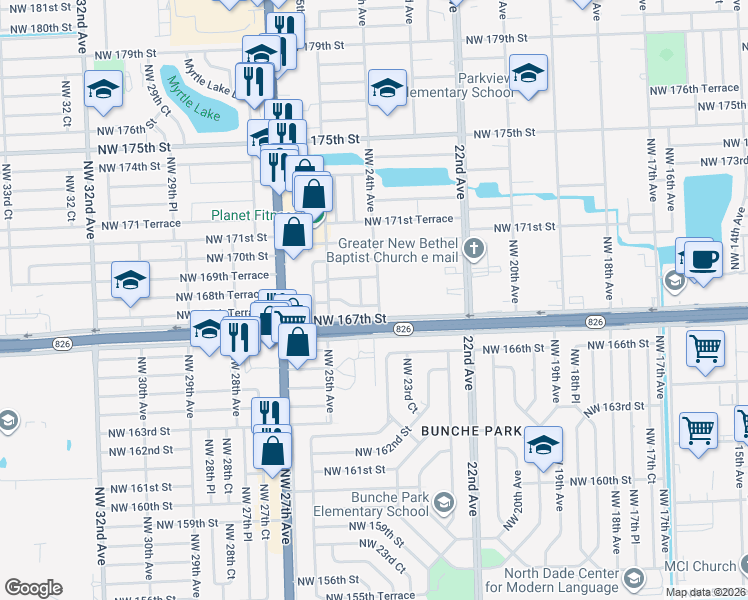 map of restaurants, bars, coffee shops, grocery stores, and more near 16805 Northwest 24th Court in Miami Gardens