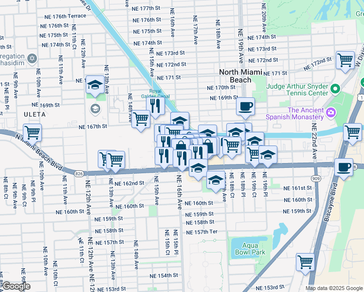 map of restaurants, bars, coffee shops, grocery stores, and more near 1601 Northeast 164th Street in North Miami Beach