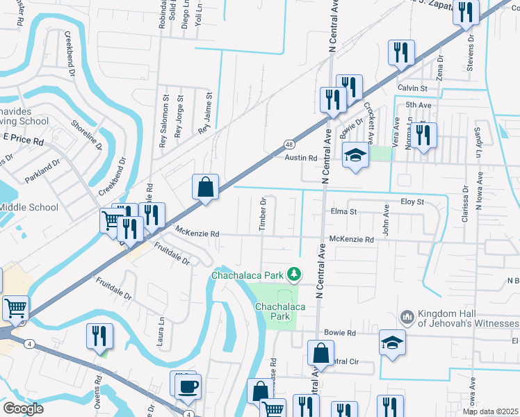 map of restaurants, bars, coffee shops, grocery stores, and more near 915 Timber Drive in Brownsville