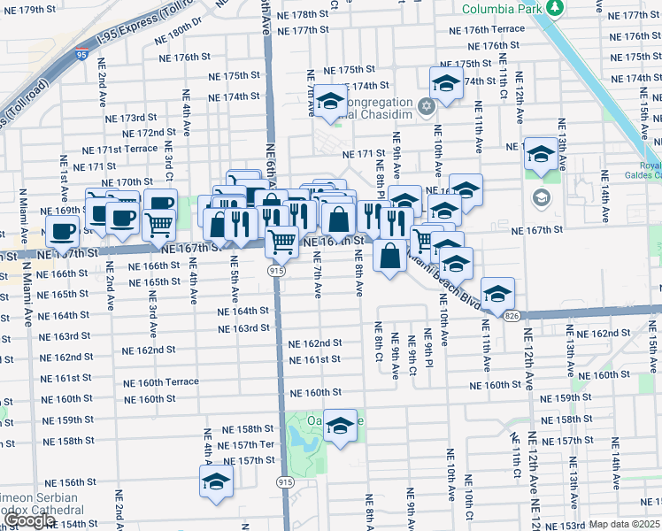 map of restaurants, bars, coffee shops, grocery stores, and more near 730 Northeast 166th Street in Miami