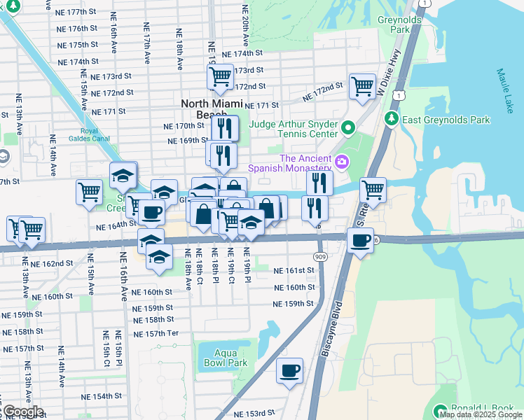 map of restaurants, bars, coffee shops, grocery stores, and more near 1999 Northeast 164th Street in North Miami Beach