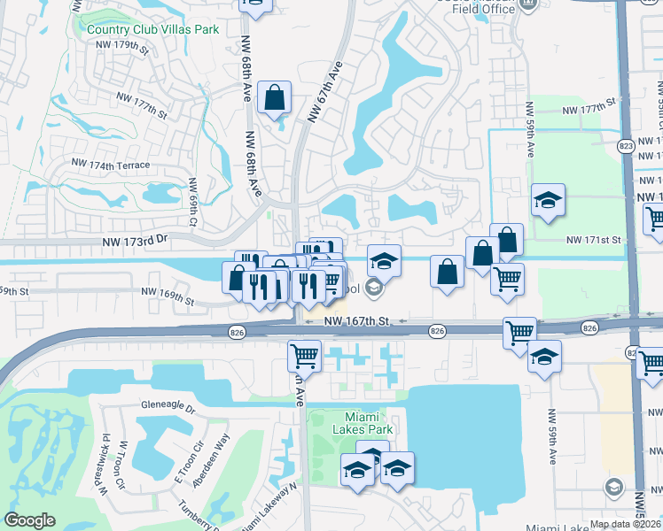 map of restaurants, bars, coffee shops, grocery stores, and more near 6685 Northwest 169th Street in Hialeah