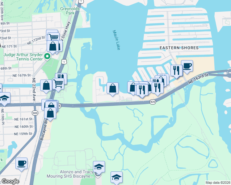 map of restaurants, bars, coffee shops, grocery stores, and more near 16422 Northeast 27th Place in North Miami Beach