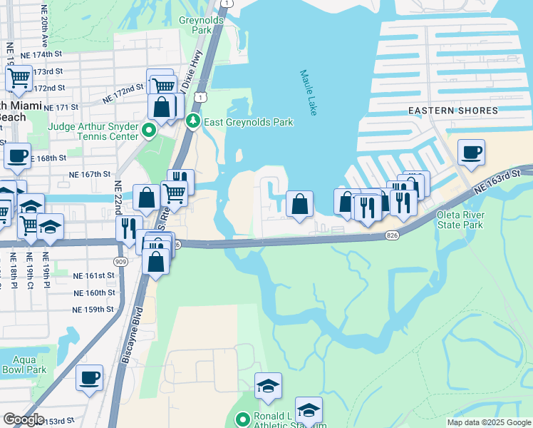 map of restaurants, bars, coffee shops, grocery stores, and more near 2673 Northeast 164th Street in North Miami Beach