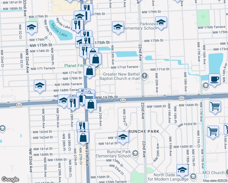 map of restaurants, bars, coffee shops, grocery stores, and more near 16805 Northwest 24th Court in Miami Gardens