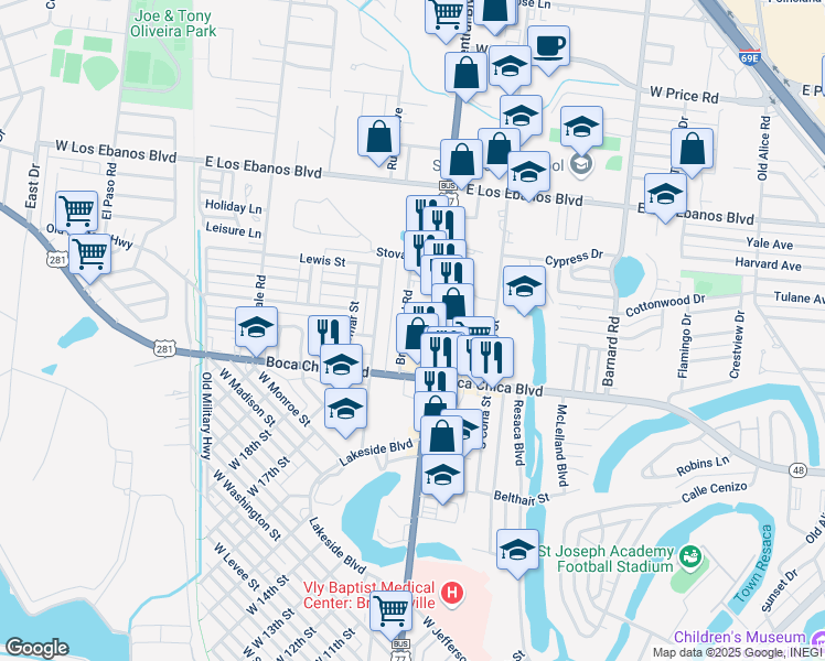 map of restaurants, bars, coffee shops, grocery stores, and more near 1444 Brownfield Road in Brownsville