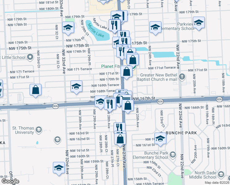 map of restaurants, bars, coffee shops, grocery stores, and more near 2738 Northwest 168th Terrace in Miami Gardens