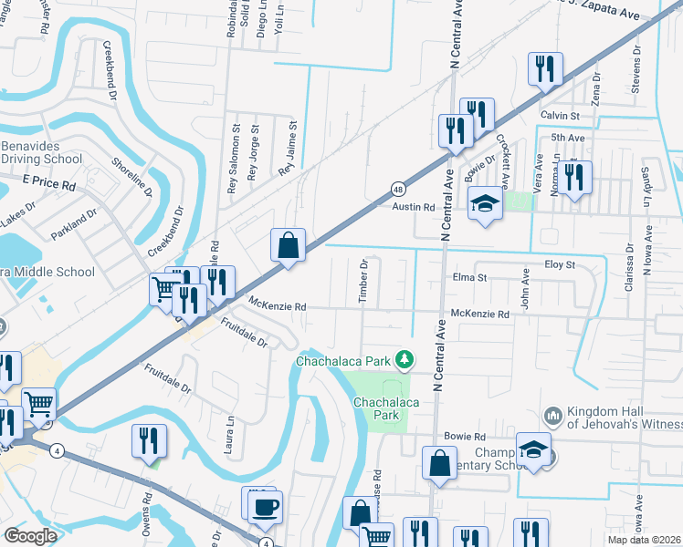 map of restaurants, bars, coffee shops, grocery stores, and more near 905 Calle Fresnal in Brownsville