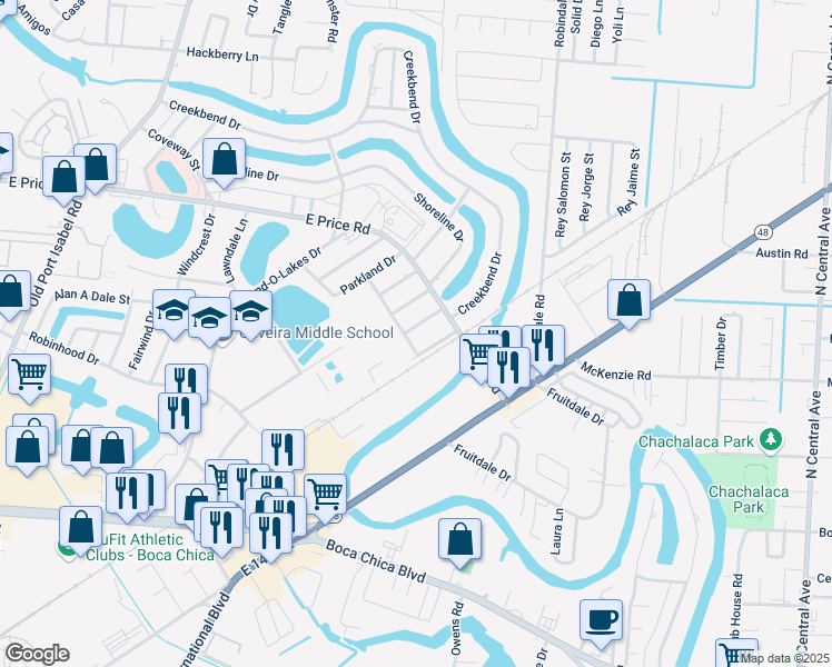 map of restaurants, bars, coffee shops, grocery stores, and more near 424 Woodhaven Drive in Brownsville