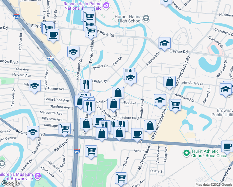 map of restaurants, bars, coffee shops, grocery stores, and more near 2403-2407 Rockwell Drive in Brownsville