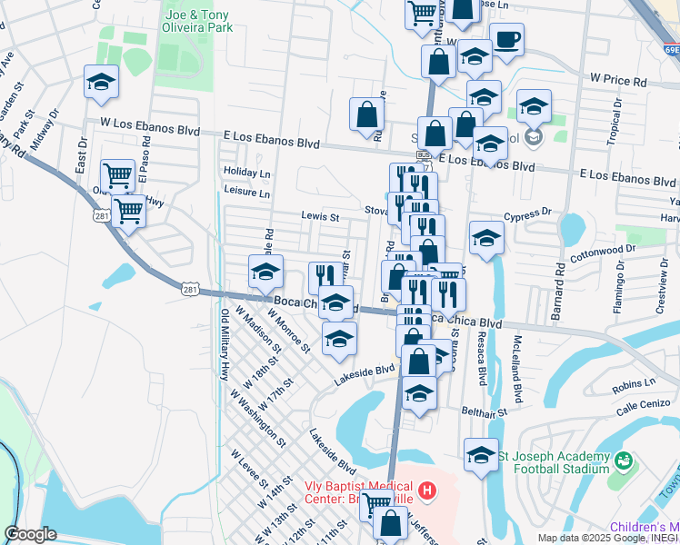 map of restaurants, bars, coffee shops, grocery stores, and more near 1435 Palomar Street in Brownsville