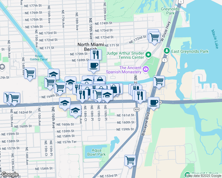map of restaurants, bars, coffee shops, grocery stores, and more near 1999 Northeast 164th Street in North Miami Beach