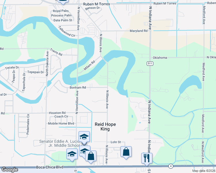 map of restaurants, bars, coffee shops, grocery stores, and more near 980 North Illinois Avenue in Brownsville