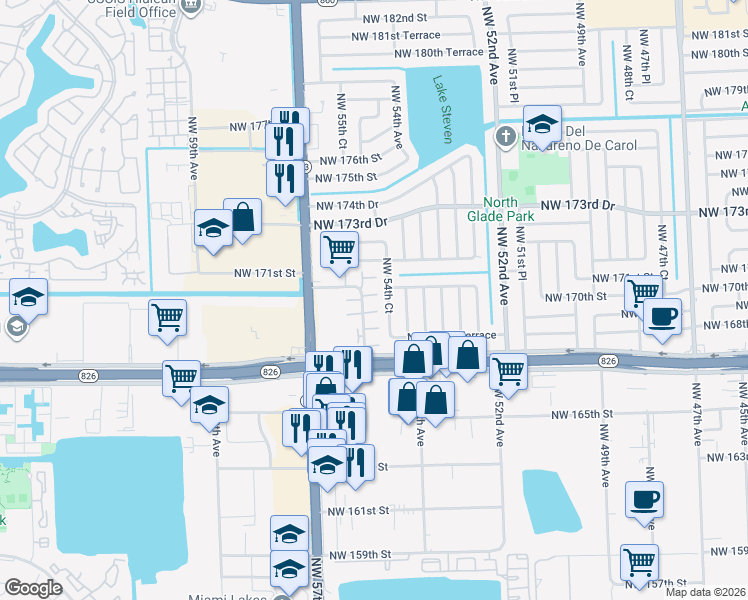 map of restaurants, bars, coffee shops, grocery stores, and more near 5447 Northwest 169th Terrace in Miami Gardens