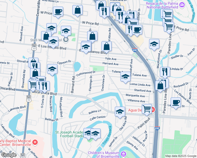map of restaurants, bars, coffee shops, grocery stores, and more near 1355 Magnolia Court in Brownsville