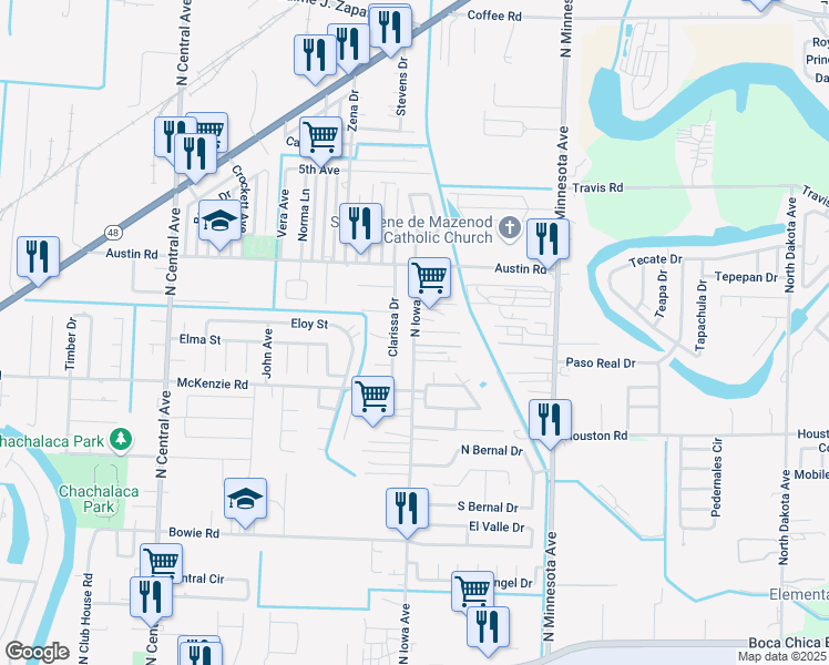map of restaurants, bars, coffee shops, grocery stores, and more near 852 N Iowa Ave in Brownsville