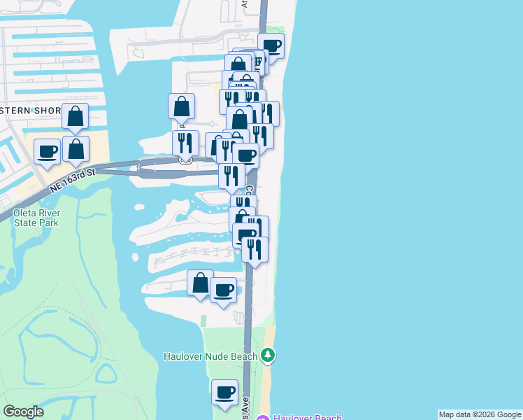map of restaurants, bars, coffee shops, grocery stores, and more near 16421 Collins Avenue in Sunny Isles Beach