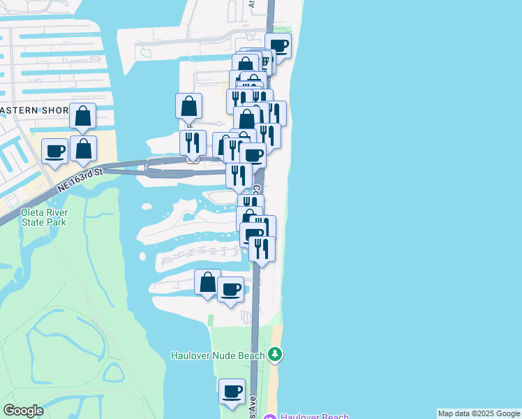map of restaurants, bars, coffee shops, grocery stores, and more near 16300 Florida A1A in Sunny Isles Beach