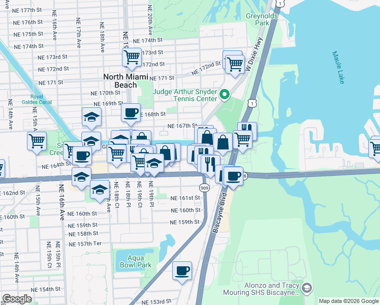 map of restaurants, bars, coffee shops, grocery stores, and more near 2153 Northeast 164th Street in North Miami Beach