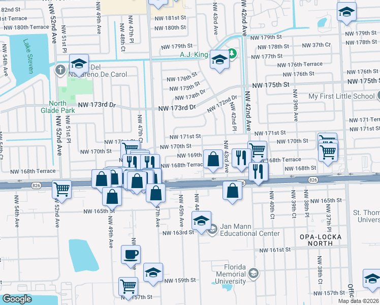 map of restaurants, bars, coffee shops, grocery stores, and more near 4455 Northwest 169th Terrace in Miami Gardens