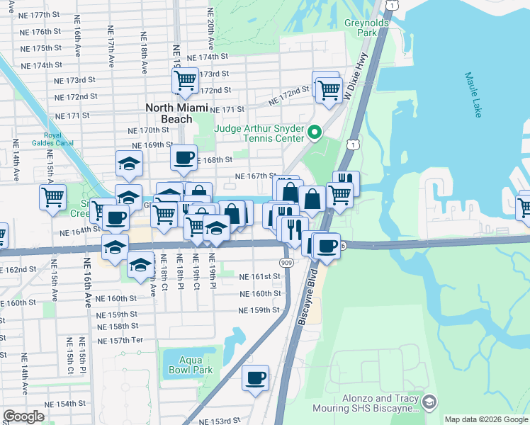 map of restaurants, bars, coffee shops, grocery stores, and more near 2153 Northeast 164th Street in North Miami Beach