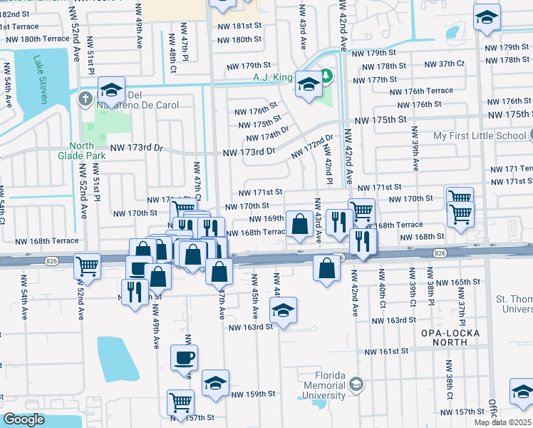 map of restaurants, bars, coffee shops, grocery stores, and more near 4455 Northwest 169th Terrace in Miami Gardens