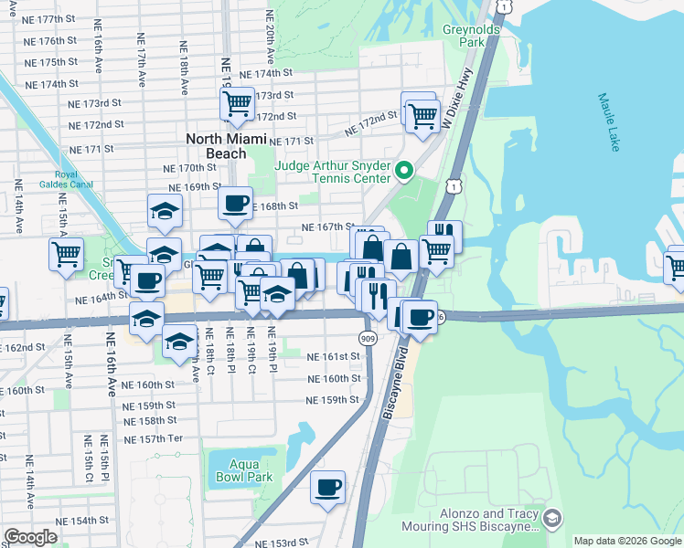 map of restaurants, bars, coffee shops, grocery stores, and more near 2153 Northeast 164th Street in North Miami Beach
