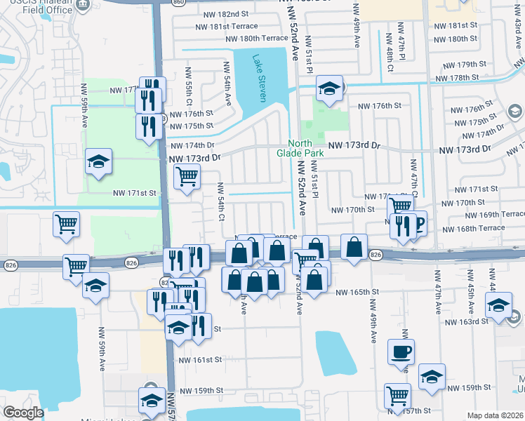 map of restaurants, bars, coffee shops, grocery stores, and more near 16931 Northwest 53rd Court in Miami Gardens