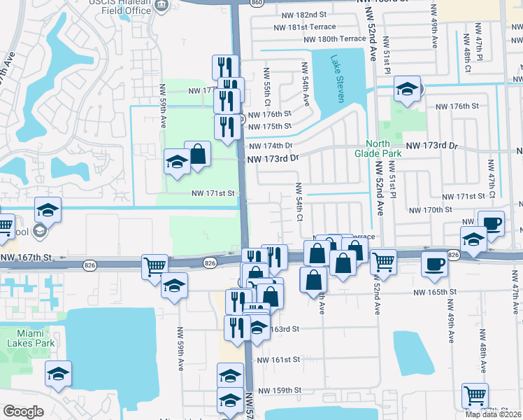 map of restaurants, bars, coffee shops, grocery stores, and more near 16919 Northwest 57th Avenue in Miami Gardens