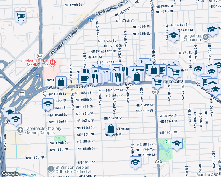 map of restaurants, bars, coffee shops, grocery stores, and more near 16598 Northeast 3rd Avenue in Miami