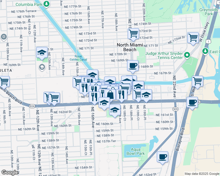 map of restaurants, bars, coffee shops, grocery stores, and more near 1720 South Glades Drive in North Miami Beach